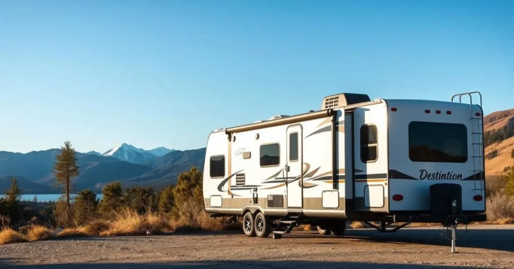 A luxury travel trailer parked at a scenic mountain overlook, with a lake and snow-capped peaks in the background, highlighting the perfect destination camping experience.