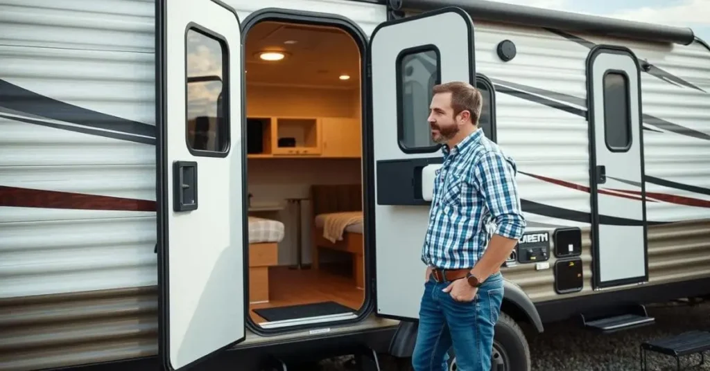 A man standing outside the entrance of a modern travel trailer, inspecting its interior. The trailer features a stylish design with an open door showing a cozy bedroom inside.