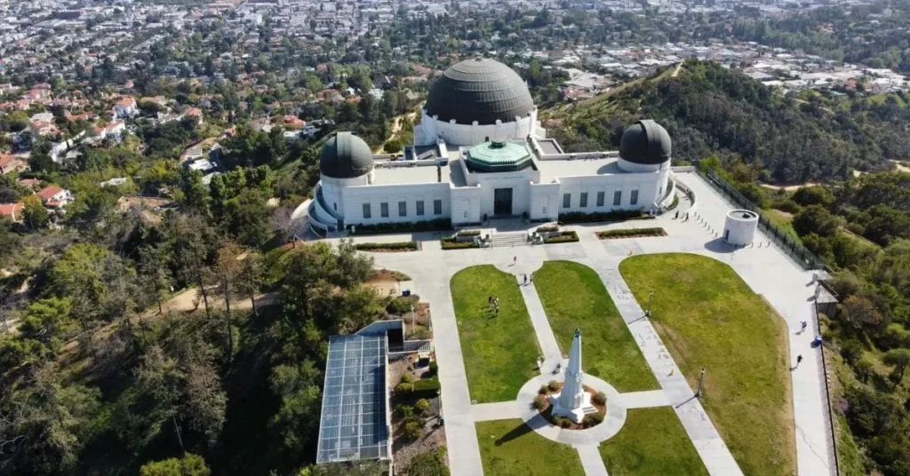 Aerial view of Griffith Observatory in Los Angeles, one of the best places to visit in usa for first time travelers.