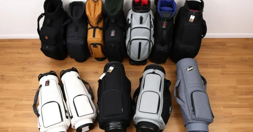 A collection of the best golf travel bags in various colors and styles displayed on a wooden floor.