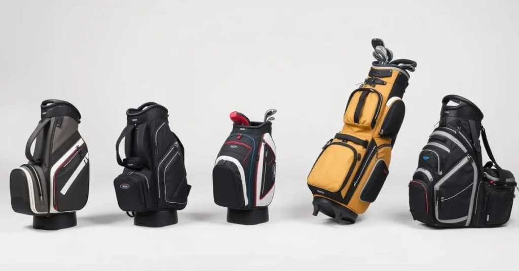 A lineup of the best golf travel bags in different styles and colors, designed for secure and convenient transportation of golf clubs.