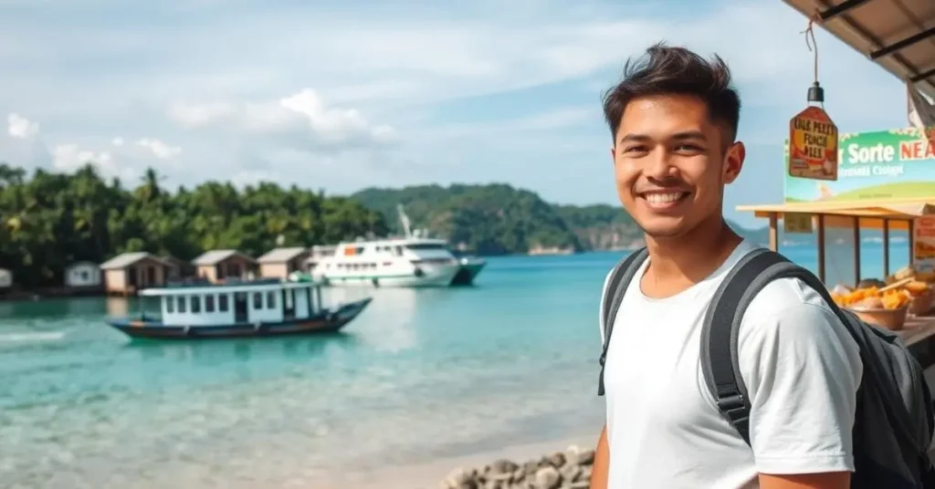 How to visit Yukevalo Island on a budget: A young man with a backpack exploring the island’s tropical beach, local street food, and budget-friendly guesthouses.