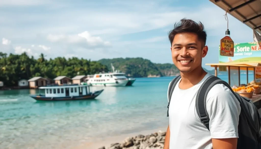 How to visit Yukevalo Island on a budget, featuring a young man with a backpack exploring the scenic beach and affordable accommodations.